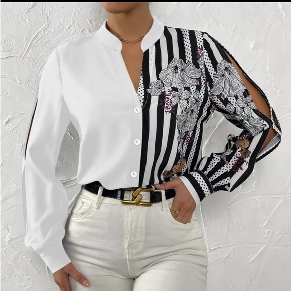 Elegant Striped Floral Print Long Sleeve Button Down Shirt Top Blouse White - Picture 4 of 16